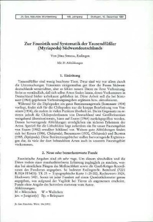 Zur Faunistik und Systematik der Tausendfüßler (Myriapoda) Südwestdeutschlands