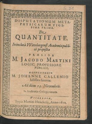 Disputationum Metaphysicarum Vigesima Prima. De Quantitate