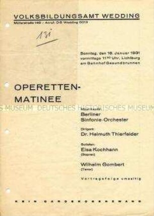 Programm des Volksbildungsamtes Wedding zu einem Operetten-Matinee