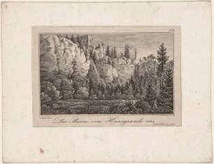 Die Ruinen auf dem Berg Oybin im Zittauer Gebirge aus dem Hausgrund gesehen, aus Carl Peschecks "Oybin bei Zittau in 12 Ansichten ..." (erweiterte Auflage?)