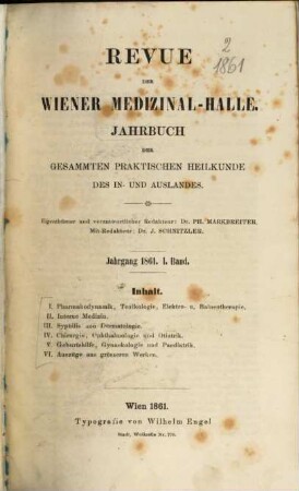 Wiener Medizinal-Halle. Revue der Wiener Medizinal-Halle. [2.] 1861, Bd. 1 - 4