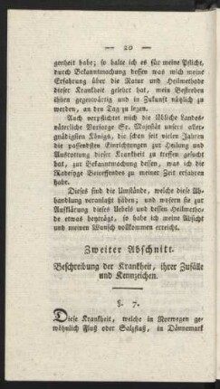 Zweiter Abschnitt. Beschreibung der Krankheit, ihrer Zufälle und Kennzeichen.