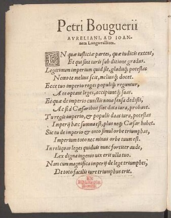 Petri Bouguerii Avreliani, Ad Ioannem Longovallium.