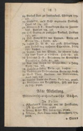 Achte Abtheilung. Militairisch-architektonische Bücher