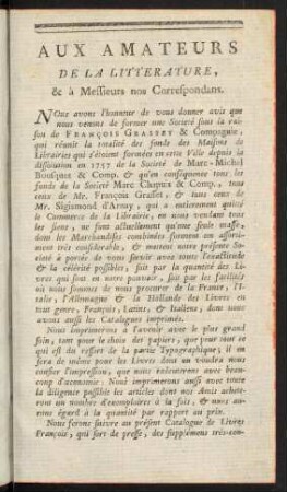 Aux amateurs de la Litterature, & à Messieurs nos Correspondans