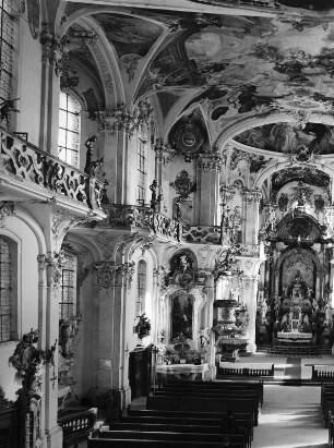 Birnau (Uhldingen-Mühlhofen). Zisterzienserkloster. Wallfahrtskirche Sankt Maria (1746/1750; P. Thumb). Innenansicht zum Altar