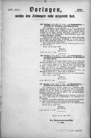 Anlage: (445-447.), Vorlagen, welche den Zeitungen nicht mitgeteilt sind, 21. Juni 1919