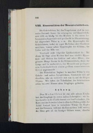 VIII. Abnormitäten der Mesenterialdrüsen.