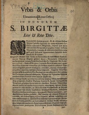 Urbis et orbis elevationis Ritus Officii in honorem S. Birgittae
