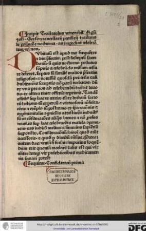 Incipit tractatulus venerabilis magistri Johannis Gerson, cancellarii Parisiensis, tractans de pollutione nocturna, an impediat celebrantem vel non.
