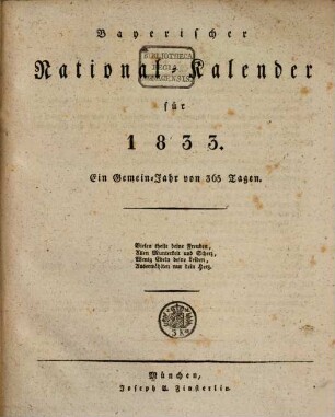 Bayerischer National-Kalender : für .... 1833