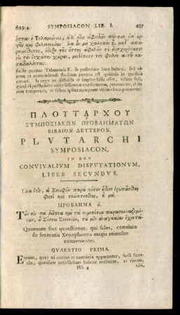 Plutarchi Symposiacon, Id Est Convivalium Disputationum, Liber Secundus