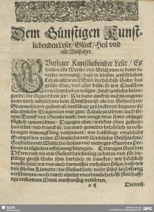 Dem Günstigen Kunstliebenden Leser/ Glück/ Heil und alle Wolfahrt.