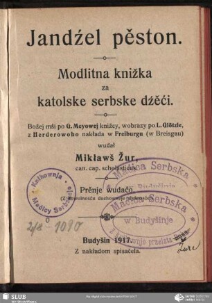 Jandźel pěston : Modlitna knižka za katolske serbske dźěći