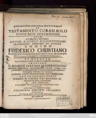 Dissertatio Ivridica Inavgvralis De Testamento Coram Solo Ivdice Non Conficiendo