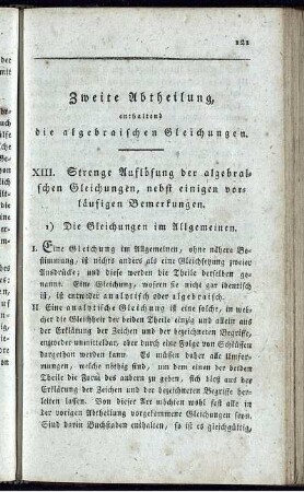 Zweite Abtheilung, enthaltend die algebraischen Gleichungen.