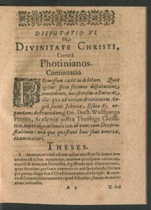 Disputatio VI. De Divinitate Christi. Contra Photinianos.