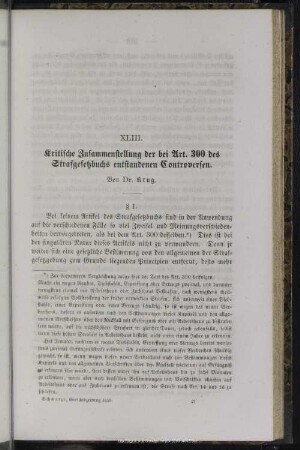 XLIII. Kritische Zusammenstellung der bei Art. 300 des Strafgesetzbuchs entstandenen Controversen