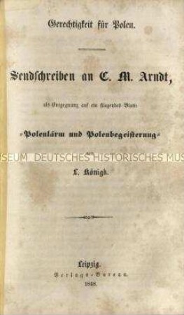 Pamphlet von Ludwig Königk an Ernst Moritz Arndt über die Freiheit Polens