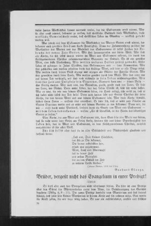 Brüder, vergeßt nicht das Evangelium in eurer Predigt!