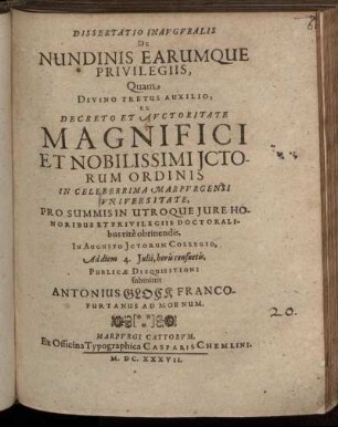 Dissertatio Inauguralis De Nundinis Earumque Privilegiis