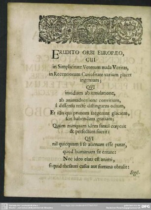 Erudito Orbi Europaeo, Cui in Simpliciate Veterum nuda Veritas ...