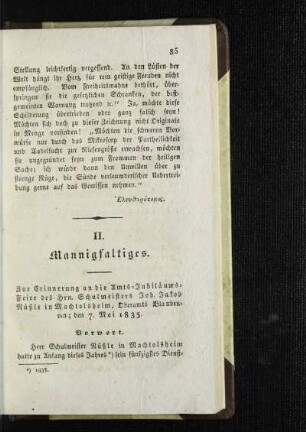 Zur Erinnerung an die Amts-Jubiläums-Feier des Hrn. Schulmeisters Joh. Jakob Nüßle in Machtolsheim, Oberamts Blaubeuren; den 7. Mai 1835 : [Mannigfaltiges]