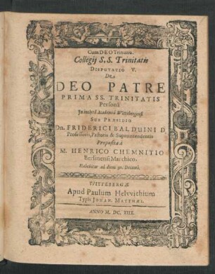 Collegii S.S. Trinitatis Disputatio V. De Deo Patre Prima SS. Trinitatis Persona