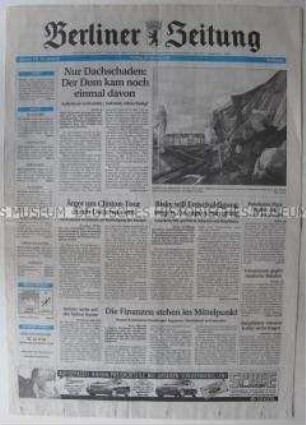 Fragment der "Berliner Zeitung" u.a. zum Brand des Deutschen Doms am Berliner Gendarmenmarkt