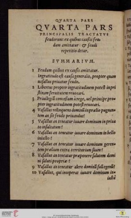 Qvarta pars principalis tractatvs fevdorvm: ex quibus caußis feudum amittatur: et feudi repetitio detur