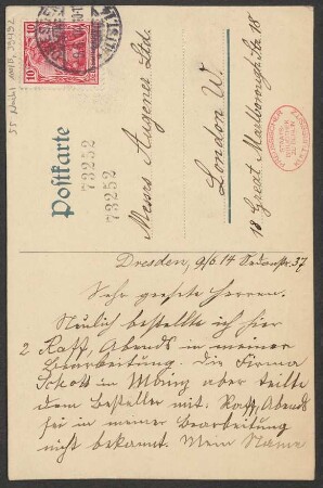 Brief an Augener Ltd. (London) : 09.06.1914