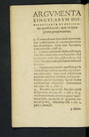 Argumenta Singularum Differentiarum Et Designatio quaestionum, quae in libro primo proponuntur.