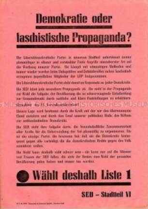 Propagandablatt der SED mit scharfer Polemik gegen die LDP und Aufruf, zu den Gemeindewahlen 1946 die Kandidaten der SED zu wählen