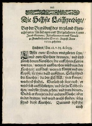 Die Sechste Leichpredigt/ Bey der Begräbniß des ... Jacob Geitners ... Den 26. Augusti Anno 1611. gehalten.