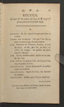 Recueil des mots & des termes de l'art de la danse & principalement de la belle danse