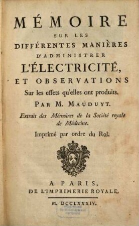 Mémoire sur ... l'Electricité