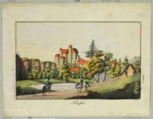 Stadt und Burg Hohnstein in der Sächsischen Schweiz, Blick nach Westen