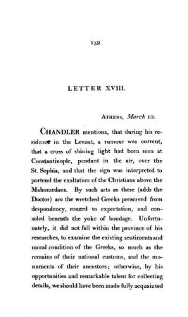 XVIII. Athens. - Superstition of the Greeks. The characteristies of Greeks and Turks. The superstition of the Athenians in particular. The author's opinion of the Greeks. A prophetic inscription. The Albanians.