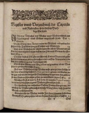 Register unnd Verzeichnuß der Capiteln und Rubricken/ so in diesem Buch begriffen seynd