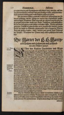 Die Marter der H. H. Martyrern/ Crispini und Crispiniani ...