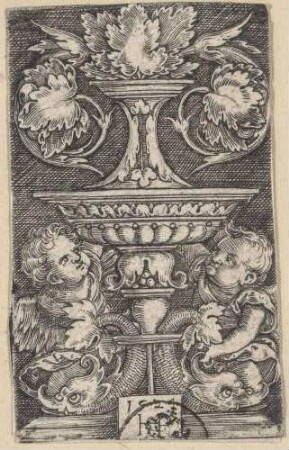 Vase mit Blattwerk und zwei geflügelten Putten