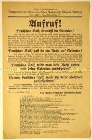 Programmatischer Aufruf des Reichsverbands der Kolonialdeutschen mit Werbung für Rückforderung der deutschen Kolonien