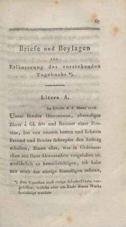 Briefe und Beylagen zur Erläuterung des vorstehenden Tagebuchs