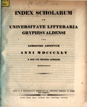 Index scholarum in Universitate Litteraria Gryphiswaldensi ... habendarum. SS 1845