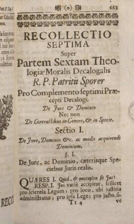 Sectio I. De Jure, Dominio &c. ac modis acquirendi Dominium.