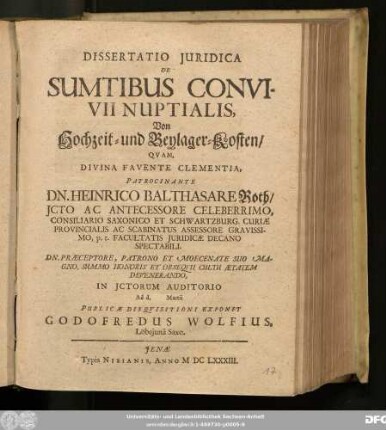 Dissertatio Iuridica De Sumtibus Convivii Nuptialis