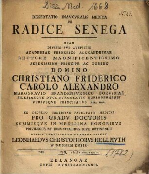 Dissertatio Inavgvralis Medica De Radice Senega