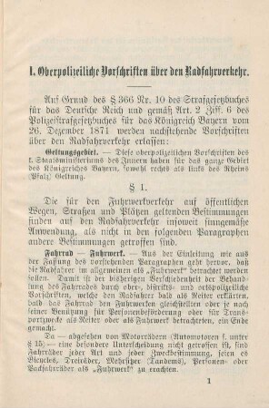 I. Oberpolizeiliche Vorschriften über den Radfahrverkehr