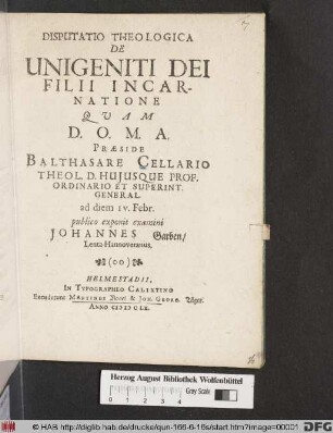 Disputatio Theologica De Unigeniti Dei Filii Incarnatione