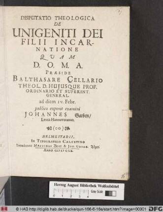 Disputatio Theologica De Unigeniti Dei Filii Incarnatione